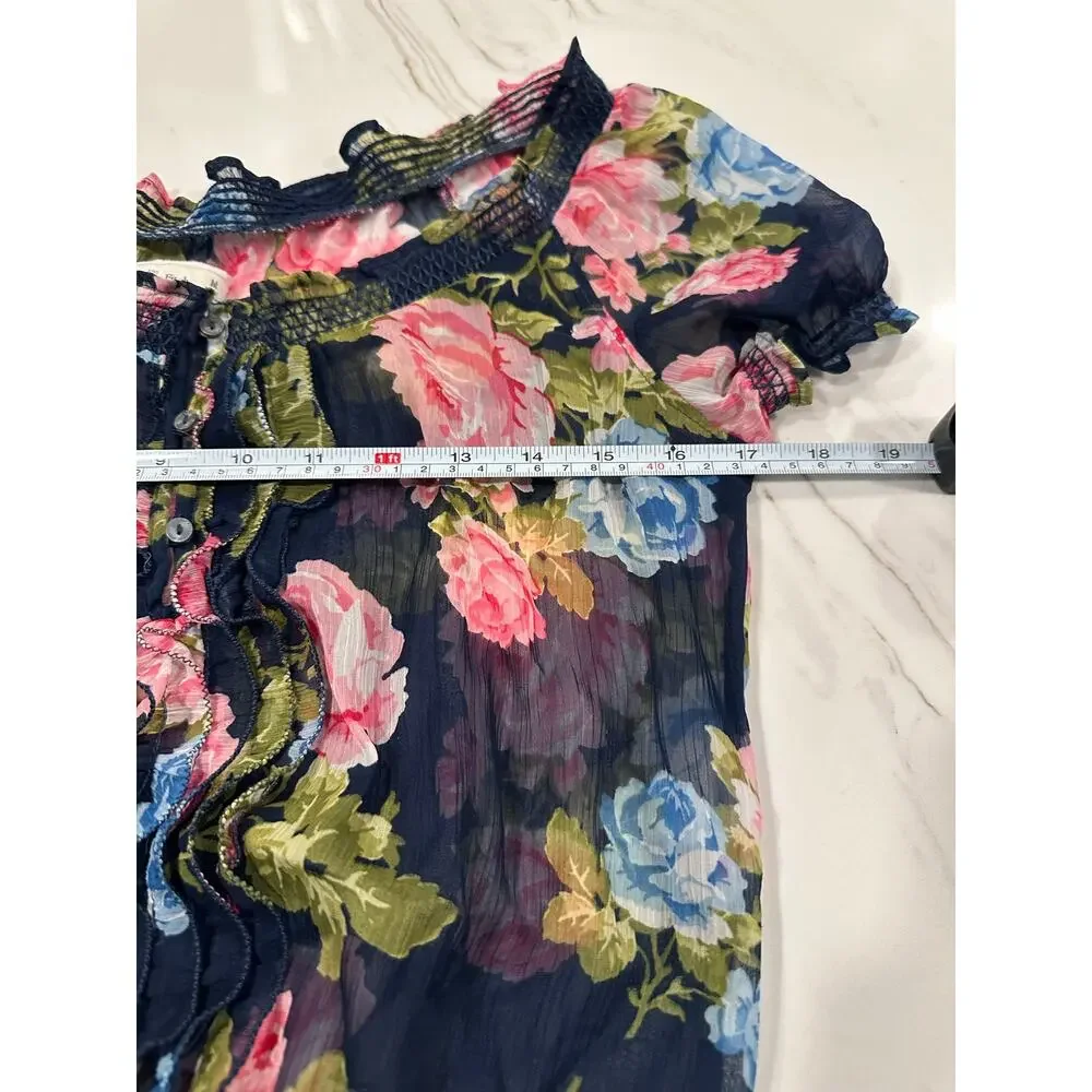 Abercrombie & Fitch Floral Chiffon Blouse M Navy Pink Ruffle Coquette Y2K